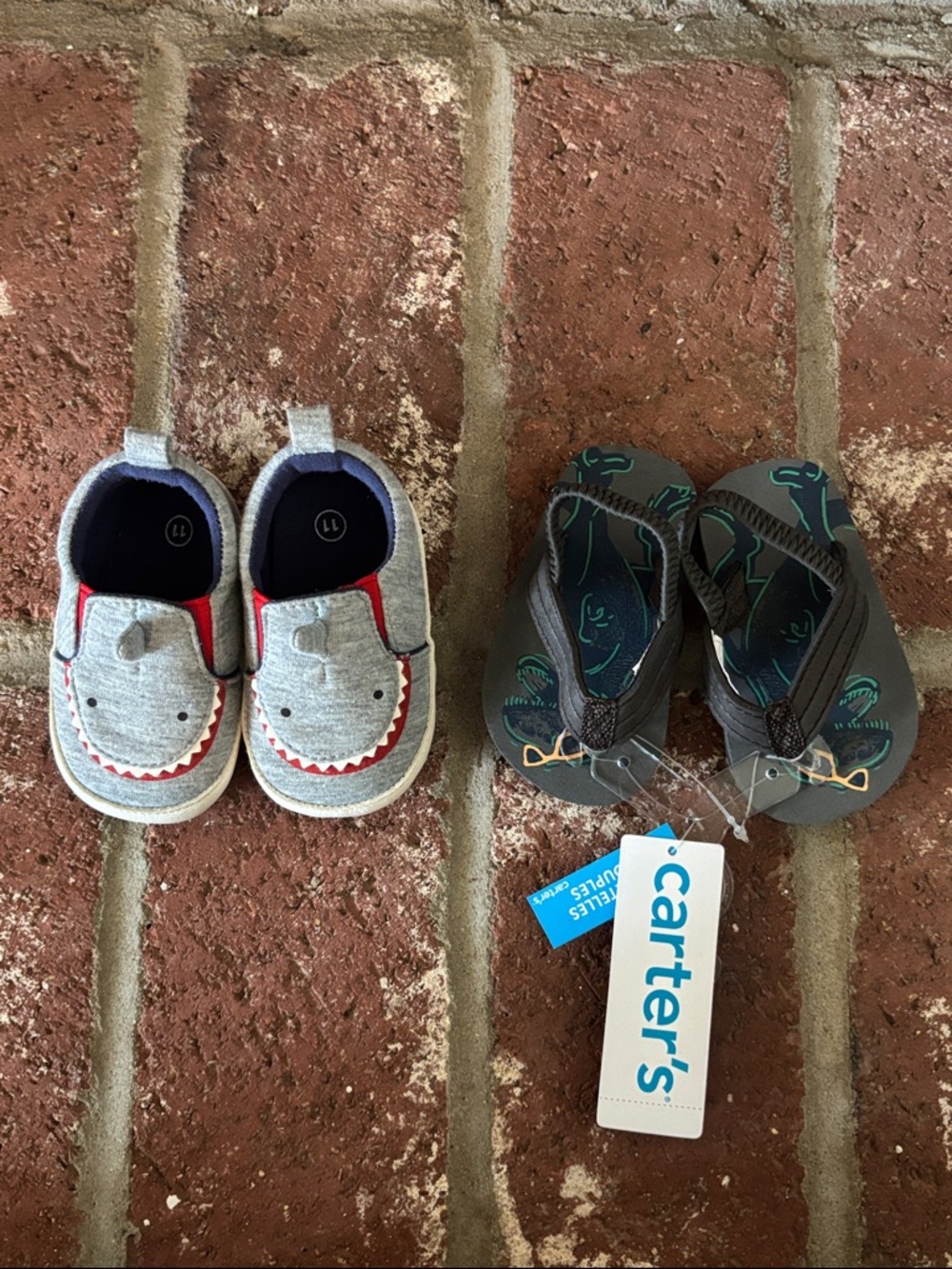 Carter's Gray Dino Sandles & Slip-On Shark Baby Shoes -Infant Non-Walkers Sz 1/2